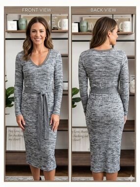 Splendid Gray Marled V-Neck Tie-Waist Knit Midi Dress